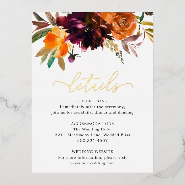 Carte Boîtier Mariage Floral Burgundy Gold Fall (Recto)