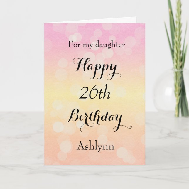 Carte Bokeh jaune et rose 26e anniversaire (Devant)