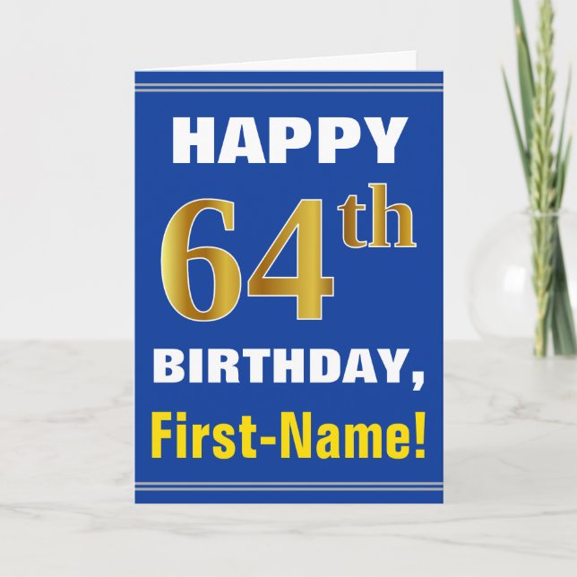 Carte Bold, Blue, Faux Gold 64th Birthday w/ Name Card (Devant)
