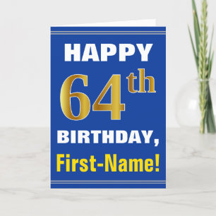 Carte Bold, Blue, Faux Gold 64th Birthday w/ Name Card