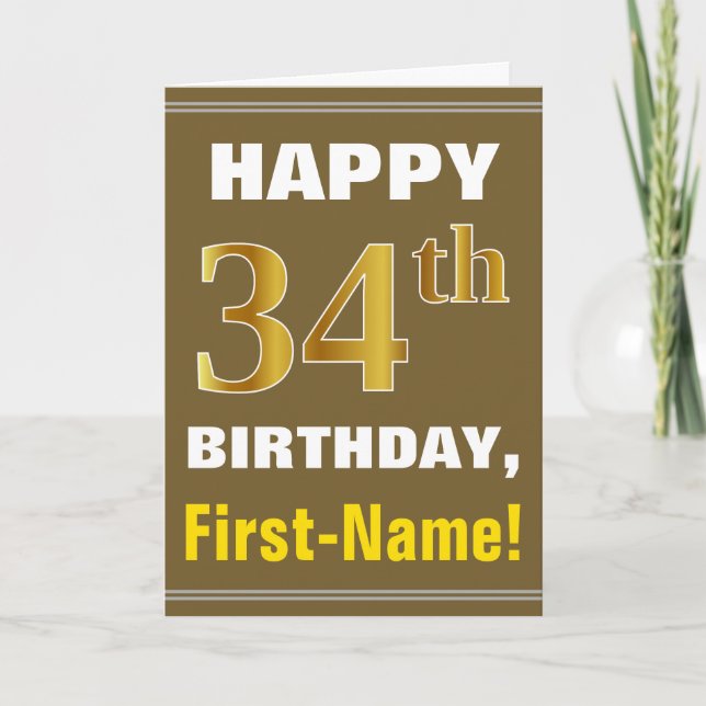 Carte Bold, Brown, Faux Gold 34th Birthday w/ Name Card (Devant)
