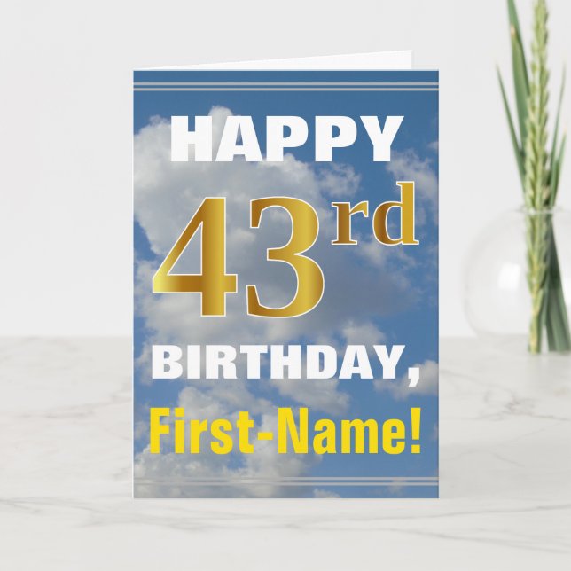 Carte Bold, Cloudy Sky, Faux Gold 43rd Birthday + Name (Devant)