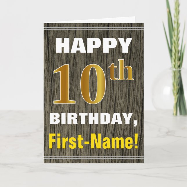 Carte Bold, Faux Wood, Faux Gold 10e anniversaire + Nom (Devant)