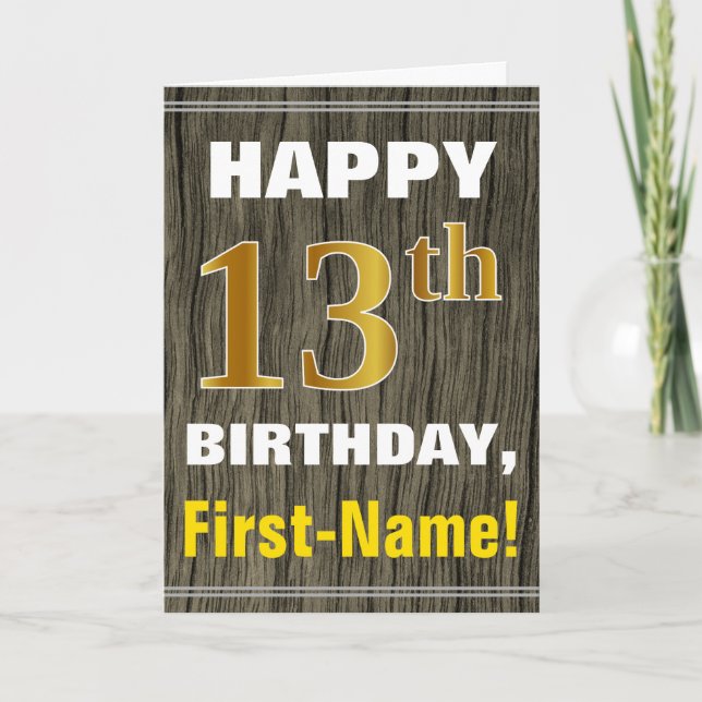Carte Bold, Faux Wood, Faux Gold 13e anniversaire + Nom (Devant)