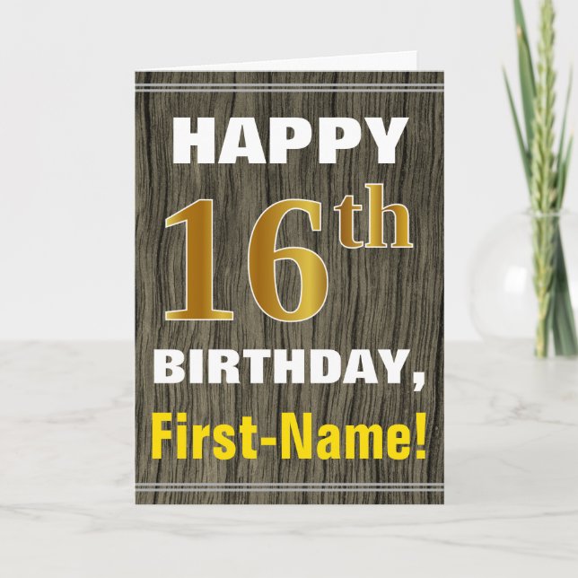 Carte Bold, Faux Wood, Faux Gold 16e anniversaire + Nom (Devant)