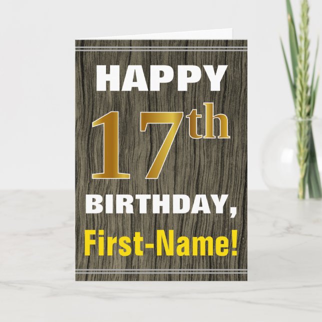 Carte Bold, Faux Wood, Faux Gold 17e anniversaire + Nom (Devant)