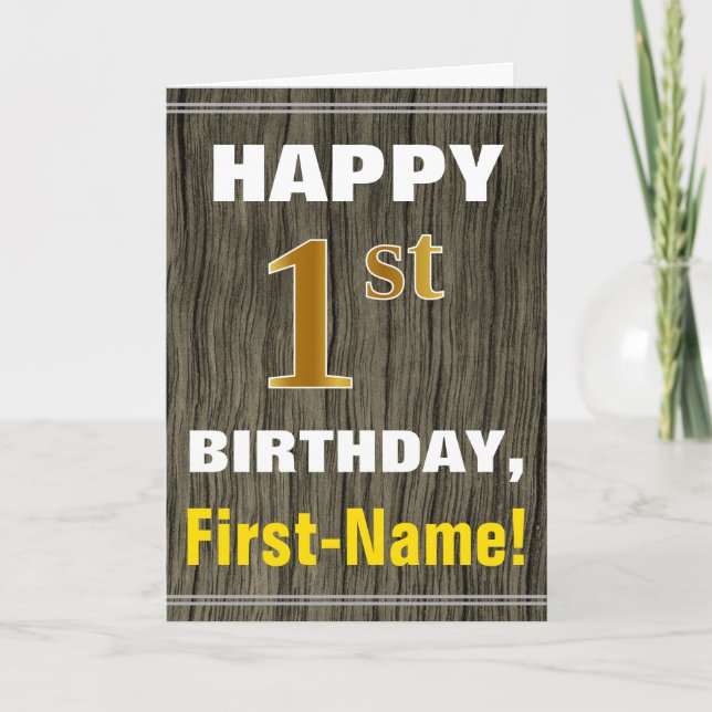 Carte Bold, Faux Wood, Faux Gold 1er Anniversaire + Nom (Devant)