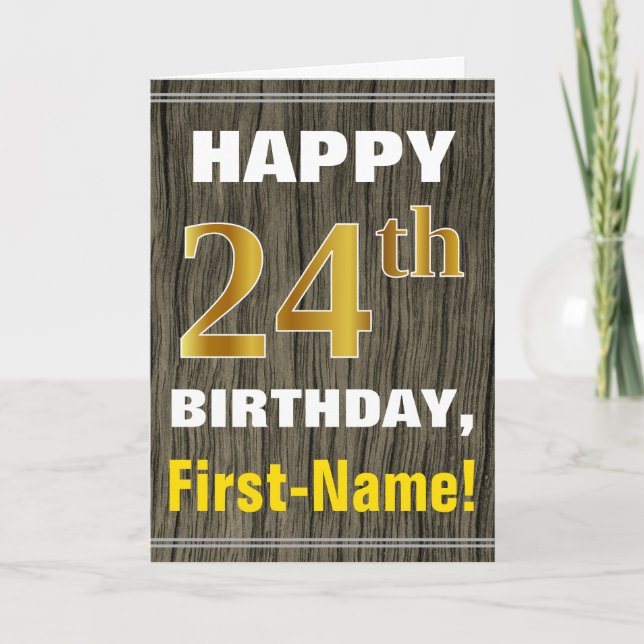 Carte Bold, Faux Wood, Faux Gold 24e anniversaire + Nom (Devant)