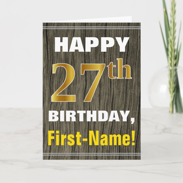 Carte Bold, Faux Wood, Faux Gold 27e anniversaire + Nom (Devant)