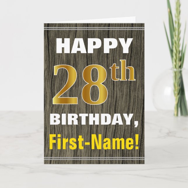 Carte Bold, Faux Wood, Faux Gold 28e anniversaire + Nom (Devant)