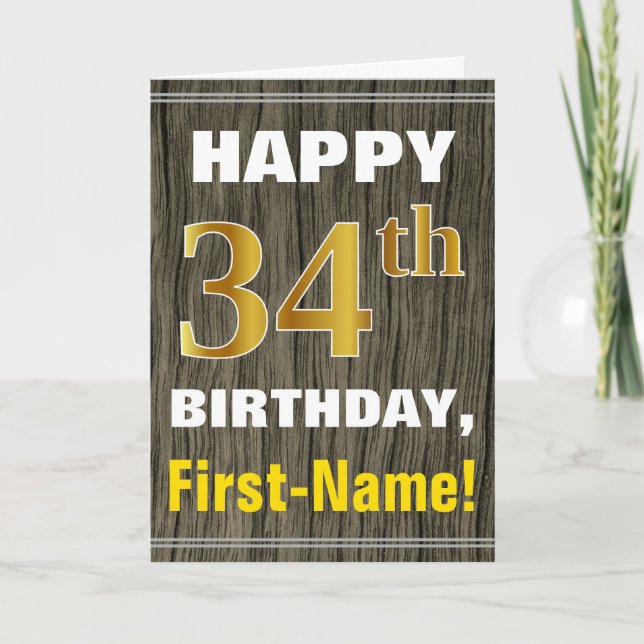 Carte Bold, Faux Wood, Faux Gold 34e anniversaire + Nom (Devant)