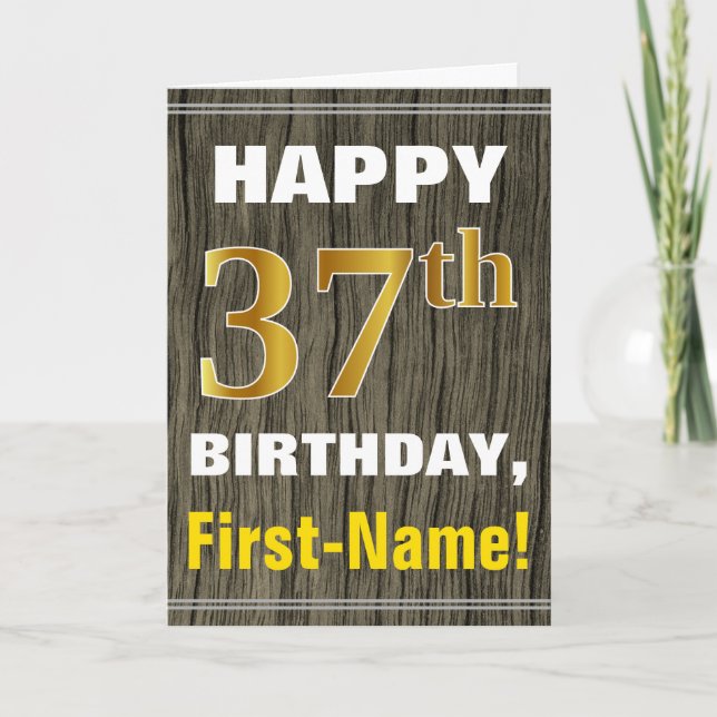 Carte Bold, Faux Wood, Faux Gold 37th Birthday + Nom (Devant)