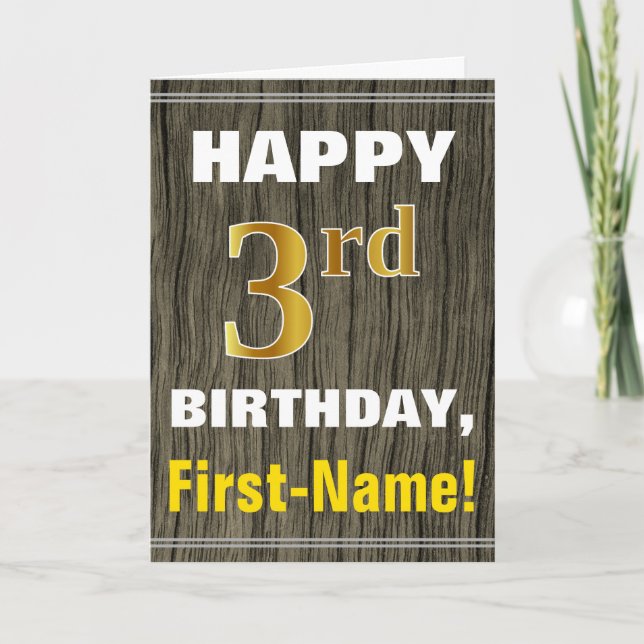 Carte Bold, Faux Wood, Faux Gold 3e anniversaire + nom (Devant)