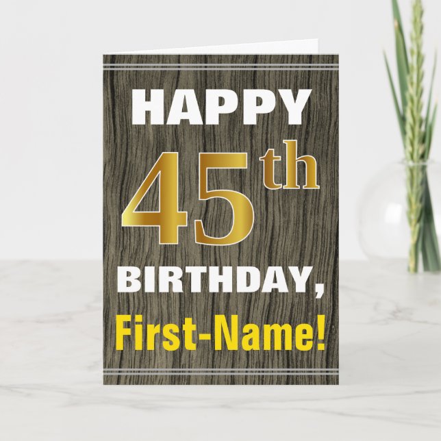 Carte Bold, Faux Wood, Faux Gold 45e Anniversaire + Nom (Devant)