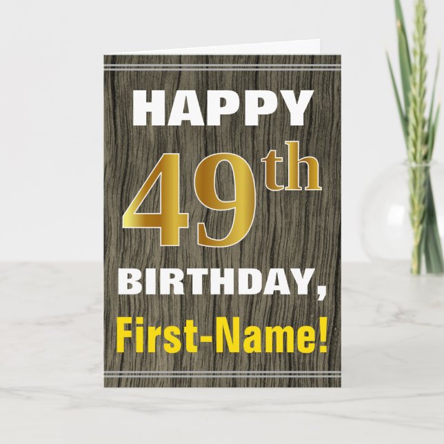 Carte Bold, Faux Wood, Faux Gold 49e Anniversaire + Nom (Devant)