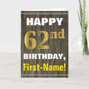 Carte Bold, Faux Wood, Faux Gold 62e anniversaire + Nom