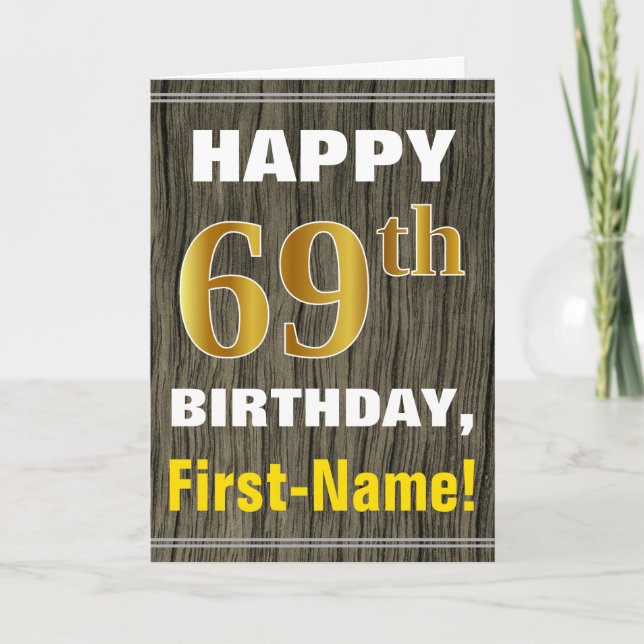 Carte Bold, Faux Wood, Faux Gold 69e anniversaire + Nom (Devant)