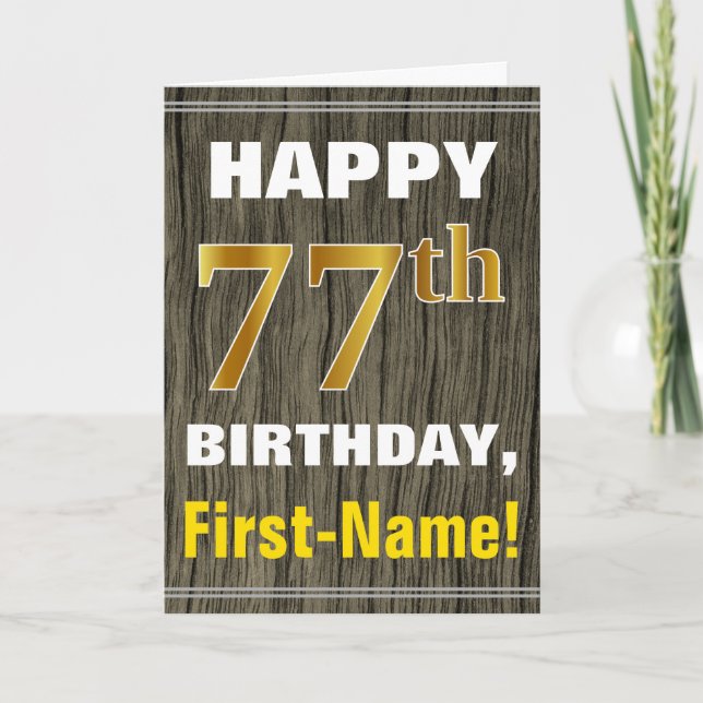 Carte Bold, Faux Wood, Faux Gold 77e anniversaire + Nom (Devant)