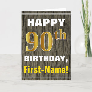 Carte Bold, Faux Wood, Faux Gold 90e Anniversaire + Nom
