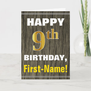 Carte Bold, Faux Wood, Faux Gold 9e Anniversaire + Nom