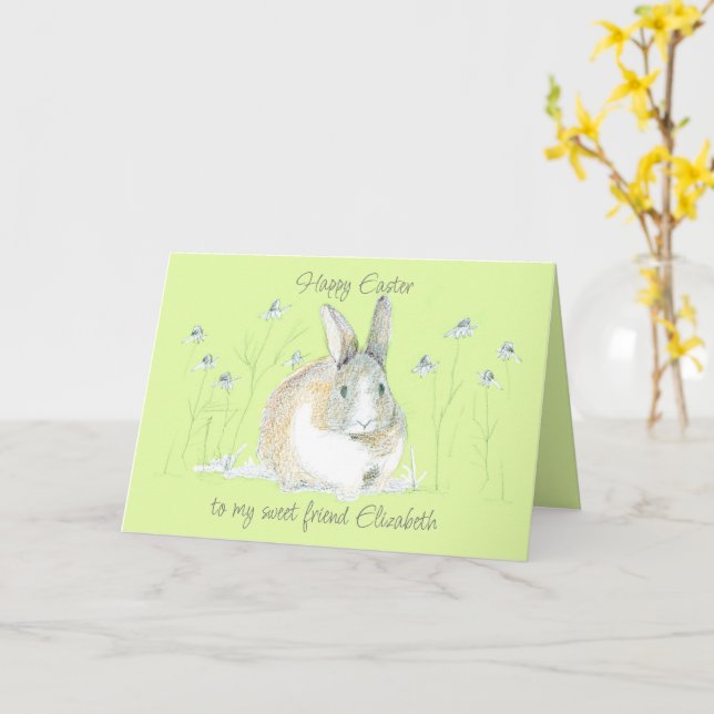 Carte Bon ami de Pâques Rabbit Nom personnalisé Personna (Fleur jaune)