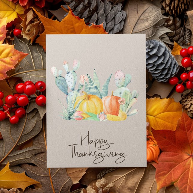 Carte Bon thanksgiving aquarelle Citrouille Cactus (Créateur téléchargé)