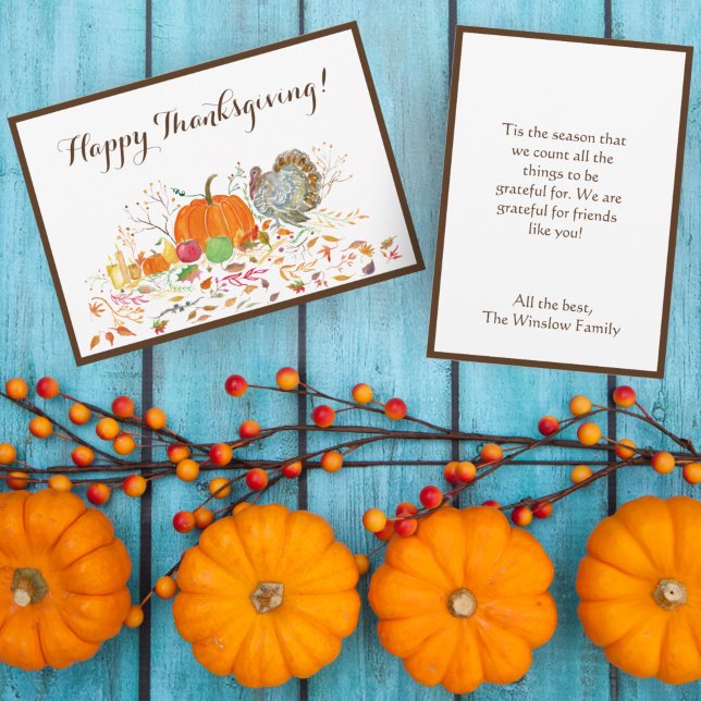 Carte Bon thanksgiving Aquarelle Citrouille Et Turquie (Créateur téléchargé)