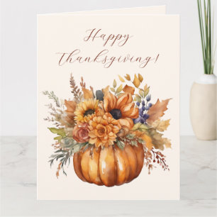 Carte Bon thanksgiving-Citrouille avec Fleurs-