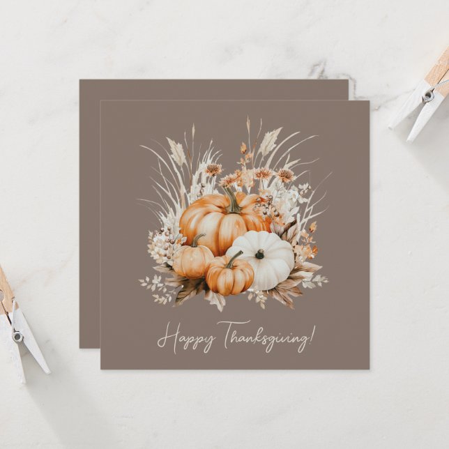 Carte Bon thanksgiving d'aquarelle Citrouilles d'herbe s (Devant/Arrière en situation)
