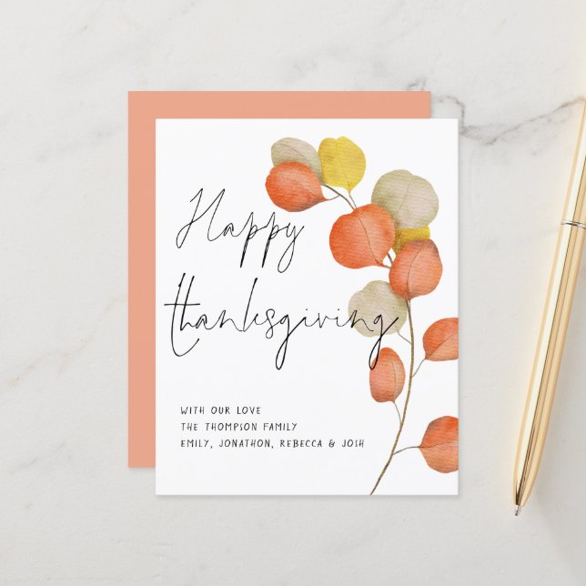 Carte Bon thanksgiving feuille d'automne du script (Devant/Arrière en situation)