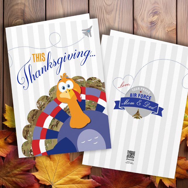 Carte Bon thanksgiving militaire Turquie Air Force Camo (Happy Thanksgiving military camouflage funny turkey card for Air Force Airman, Army, Navy, Marines)