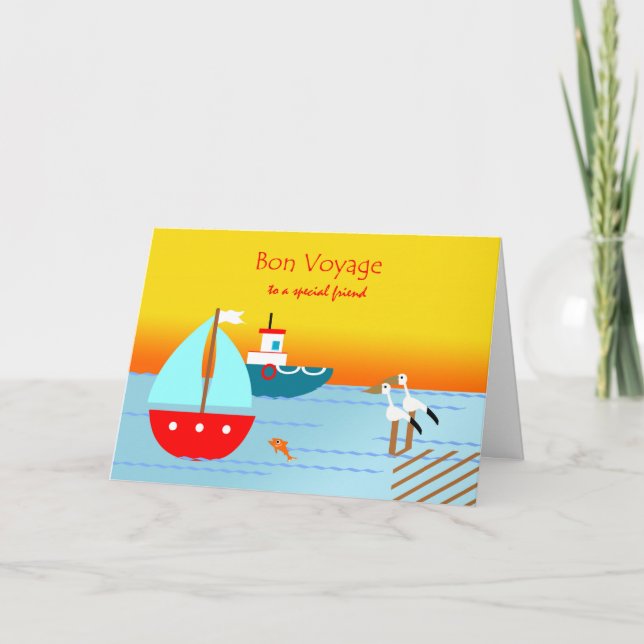 Carte Bon voyage à l'ami, Bateaux, Pélicans, Coucher de  (Devant)