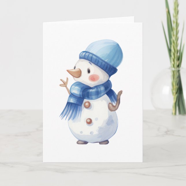 Carte Bonhomme de neige à l'aquarelle avec écharpe et ch (Devant)