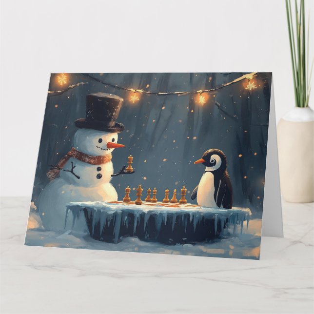 Carte Bonhomme de neige adorable et manchot jouant aux é (Devant)