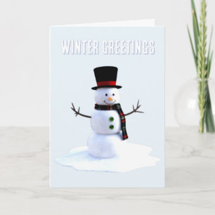Carte Bonhomme de neige avec chapeau et écharpe. Vœux d'