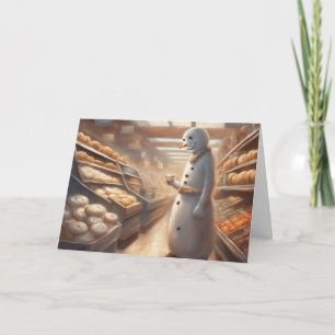 Carte Bonhomme de neige buvant du cacao à la boulangerie