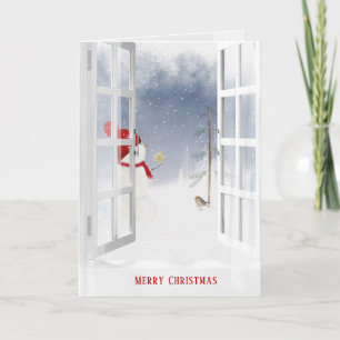 Carte bonhomme de neige de Noël à la fenêtre