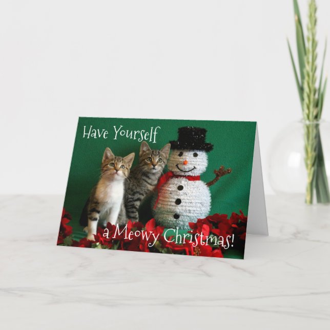 Carte Bonhomme de neige et deux chatons mignons (Devant)