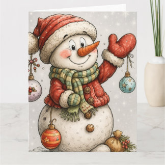 Carte Bonhomme de neige joyeux avec des boules de Noël