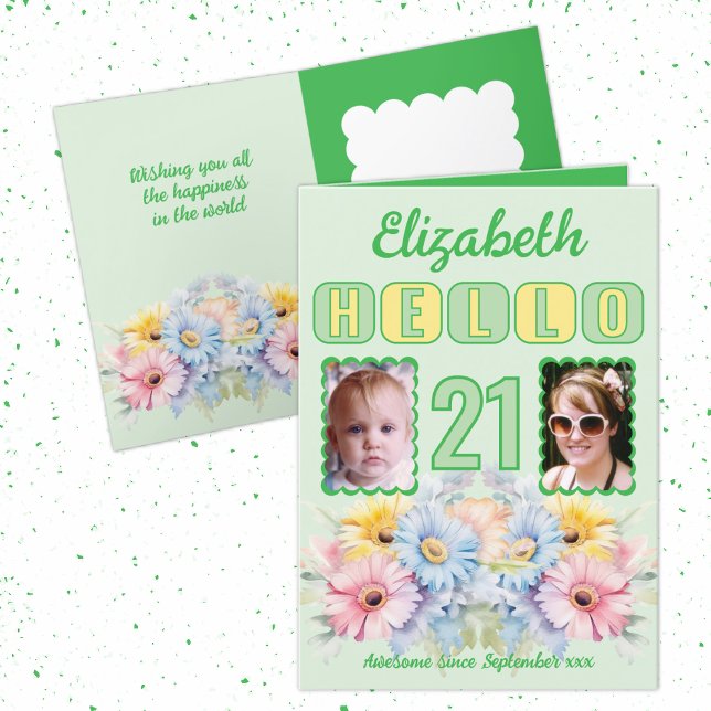 Carte Bonjour 21 anniversaire nom 2 photo floral vert (Créateur téléchargé)