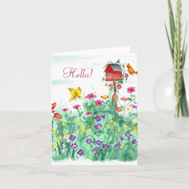 Carte Bonjour ami Red Birdhouse Butterfly Flower (Devant)