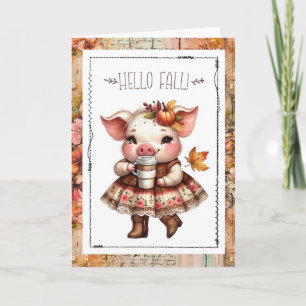 Carte Bonjour Automne Adorable Cochon de Ferme 