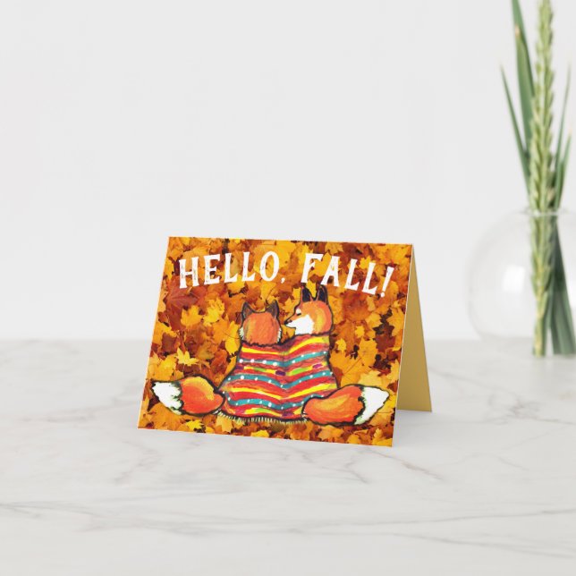 Carte Bonjour Automne Fox amis Jaune Feuille Citation (Devant)