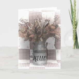 Carte Bonjour avec feuilles dans le vieux lait Jug