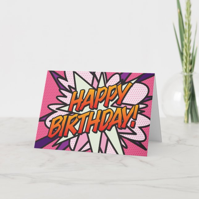 Carte BONJOUR D'ANNIVERSAIRE BD Pop Art Rose (Devant)