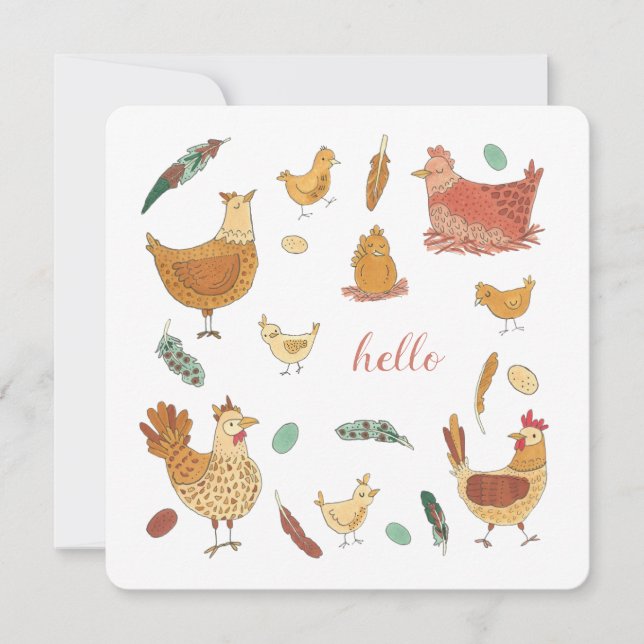 Carte Bonjour Drôle Hen Pun mignon Poulets de ferme (Devant)
