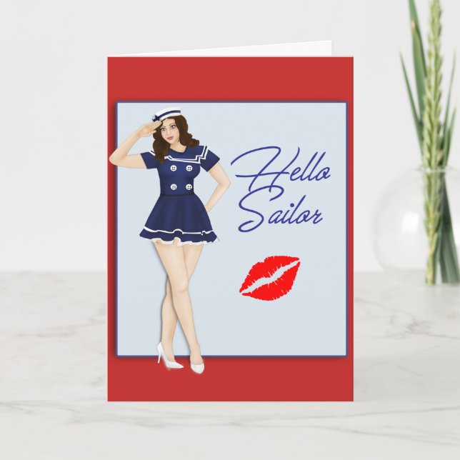 Carte Bonjour fille de pin-up de marin (Devant)