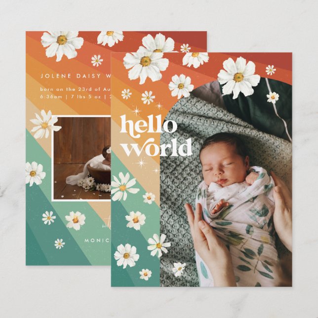 Carte Bonjour le monde | Annonce de naissance rétro boho (Devant / Derrière)