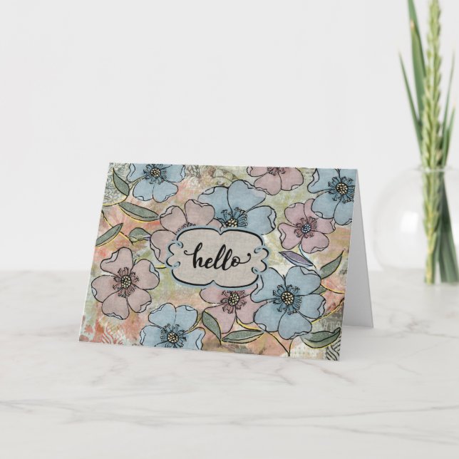 Carte Bonjour Penser de vous rose et bleu peint Fleur (Devant)