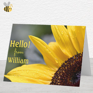 Carte Bonjour personnalisé, joli tournesol de rosée du m